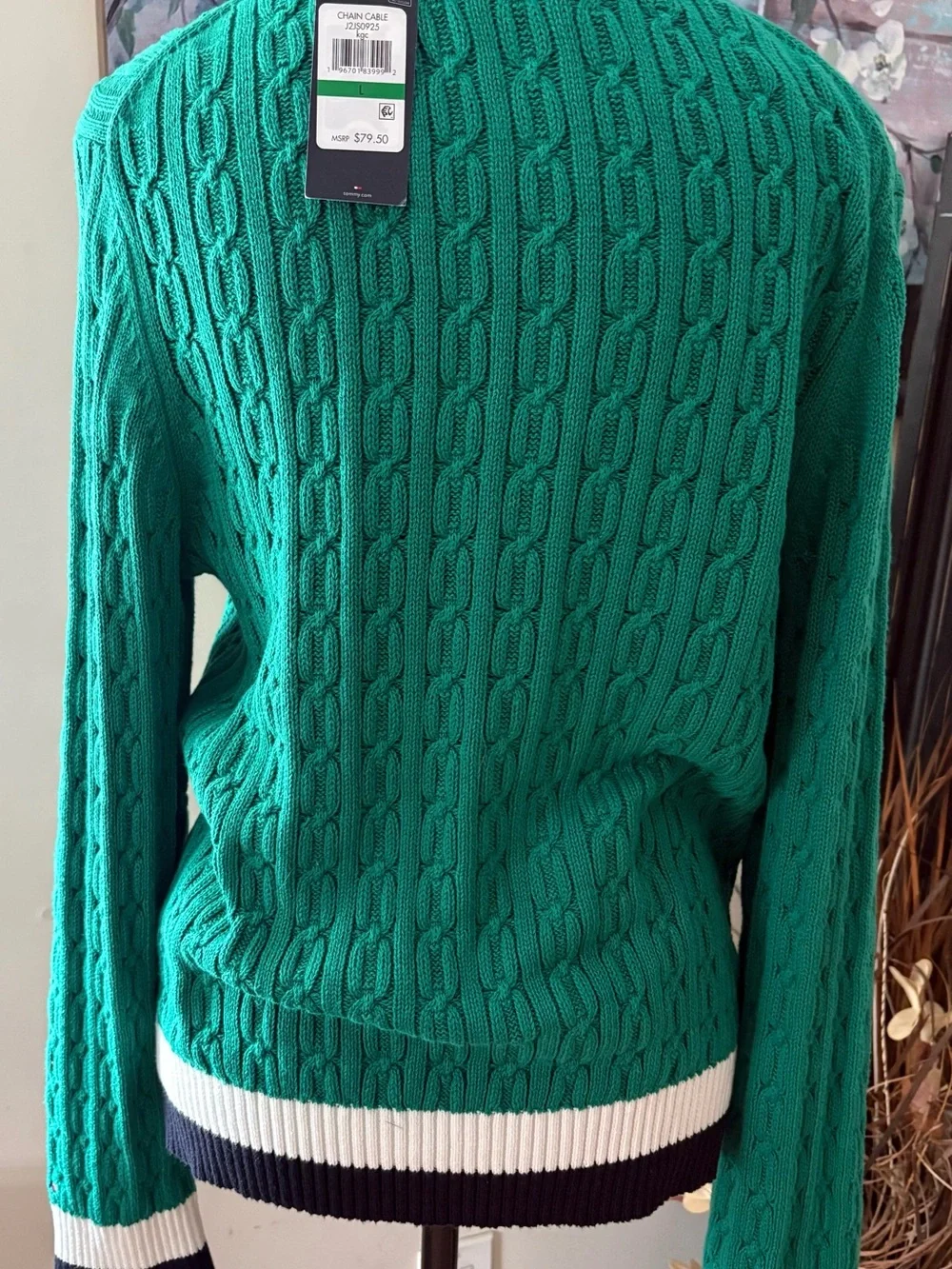 Tommy Hilfiger Green Cable Knit Crewneck Sweater with Striped Hem